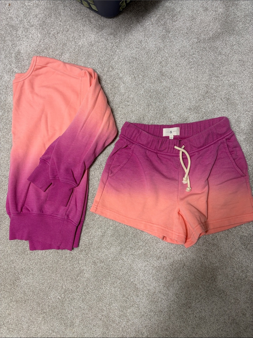 Lou & Grey Ombre Coral Pink to Purple Drawstring Shorts and Sweatshirt